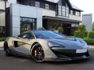 Grey McLaren 600LT viewed from the front three-quarter angle